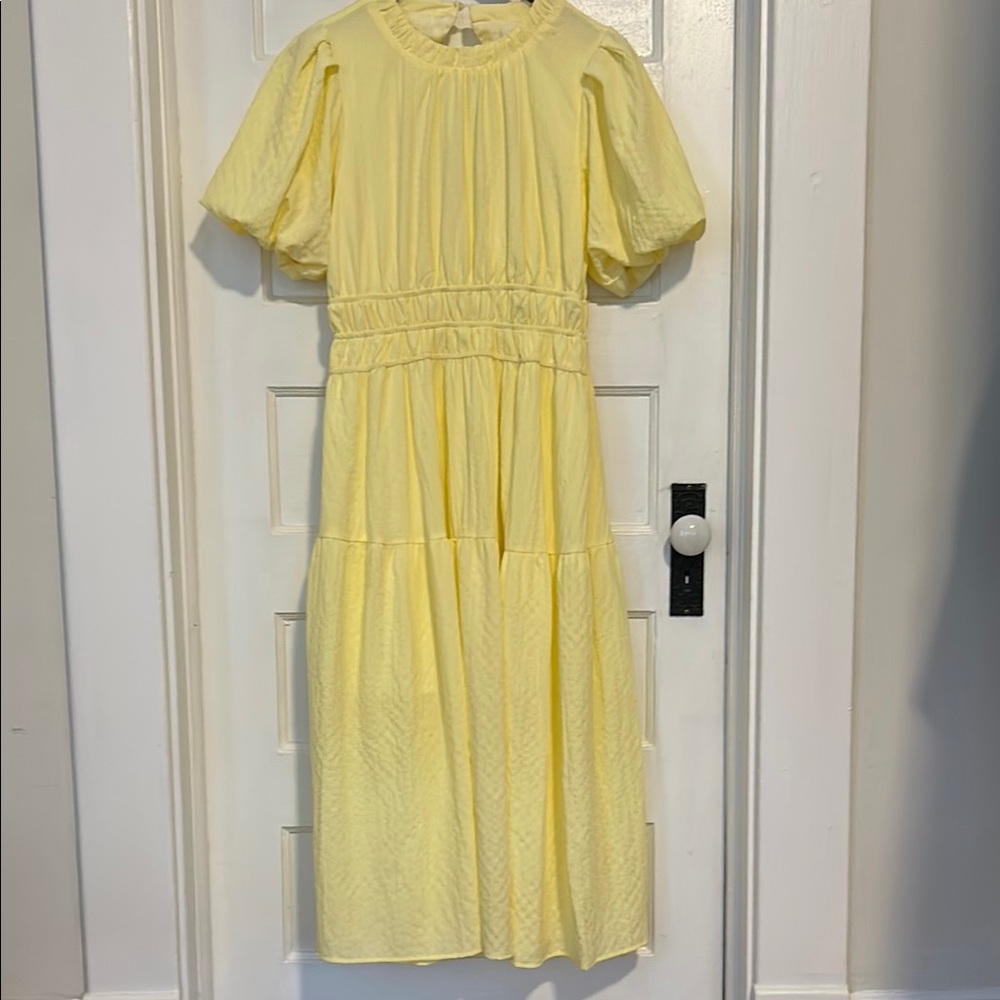 Yellow Midi Dress with Puff Sleeves